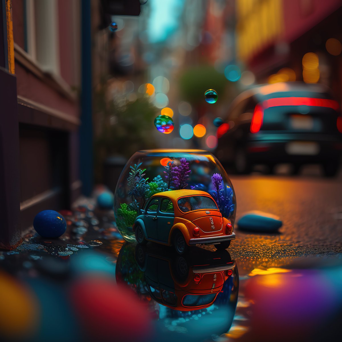 NoBanksNearby's tweet image. 12:06 PM. Amidst the city's wet, reflective rush, this tiny world pops. Orange and teal, a surreal escape. The street lights blur into magic bubbles. It’s a vivid reminder to find your pocket of calm, right now.
#CreativeCode #FoundationNFT #TimeManagement #MindfulNFT…
