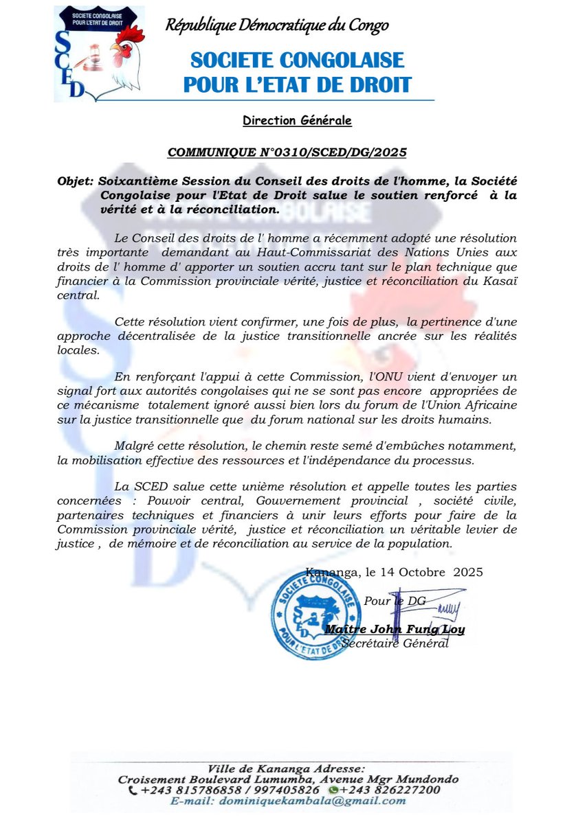 SCED49609063's tweet image. 🚨COMMUNIQUE N°0310/SCED/DG/2025

Objet: Soixantième Session du Conseil des droits de l&apos;homme, la Société
Congolaise pour l&apos;Etat de Droit salue le soutien renforcé à la vérité et à la réconciliation.
#Sced #Cpvjr #Kasaicentral #Droitdelhomme