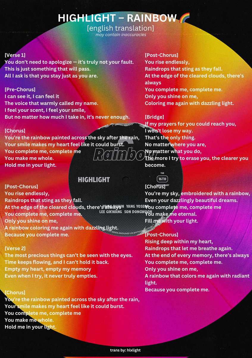 HIGHLIGHT - RAINBOW 🌈
(english translation ㅡ may contains inaccuracies)

#하이라이트 #비스트 
#윤두준 #양요섭 #이기광 #손동운