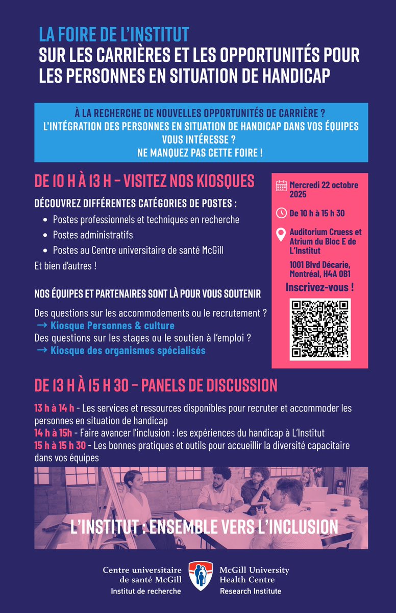 cusm_muhc's tweet image. 🌟 La Foire de L’Institut sur les carrières et les opportunités pour les personnes en situation de handicap
Dans le cadre de l’engagement de L’Institut à promouvoir un milieu de travail et de recherche plus équitable et inclusif, l’équipe de Personnes et culture a le plaisir de…