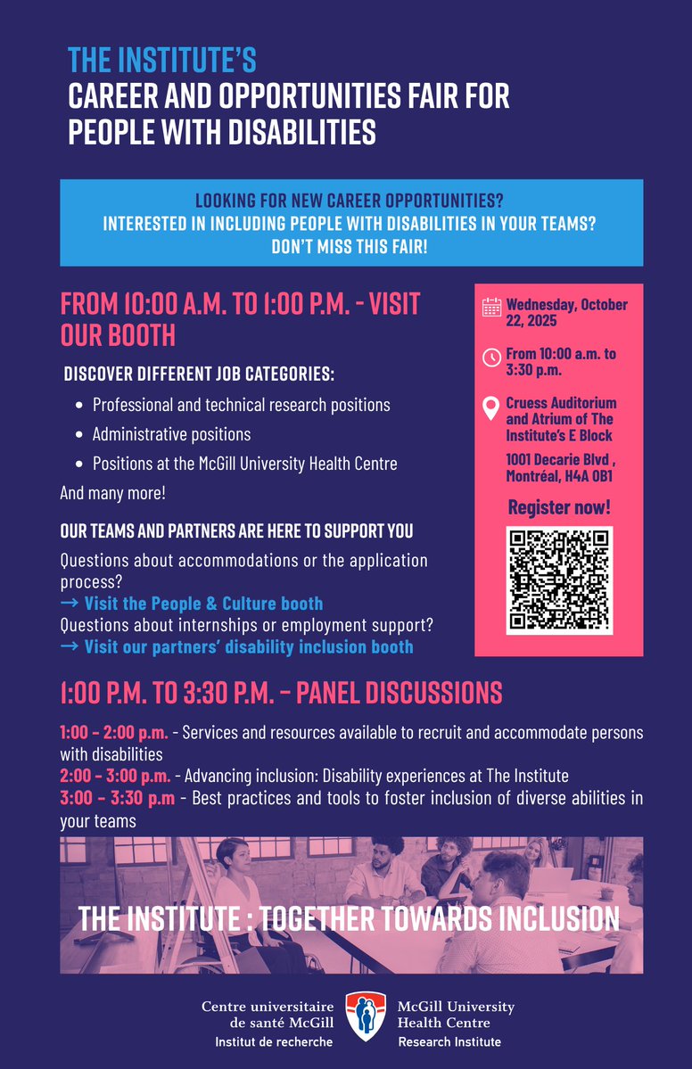cusm_muhc's tweet image. 🌟 La Foire de L’Institut sur les carrières et les opportunités pour les personnes en situation de handicap
Dans le cadre de l’engagement de L’Institut à promouvoir un milieu de travail et de recherche plus équitable et inclusif, l’équipe de Personnes et culture a le plaisir de…