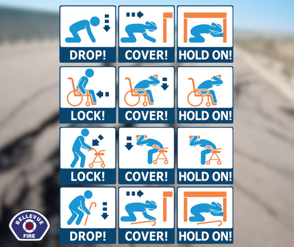 BvueFD's tweet image. Today’s the day! At 10:16 am, join Bellevue, and millions worldwide, in the Great ShakeOut Earthquake Drill. Take 60 seconds to practice: Drop or Lock, Cover and Hold On!