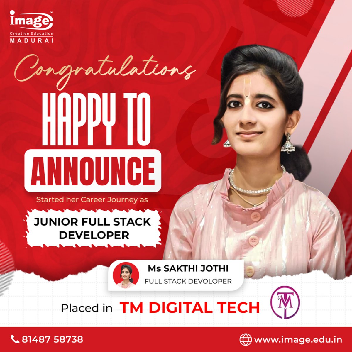 imagecourse25's tweet image. 🎉 Big Congratulations to Ms. Sakthi Jothi! 🌟
We’re proud to announce that our talented #student from #ImageCreativeEducation, Madurai has started her career journey as a Junior #FullStackDeveloper at TM Digital Tech! 📞 81487 58738🌐 #ImageCreativeEducation #Madurai