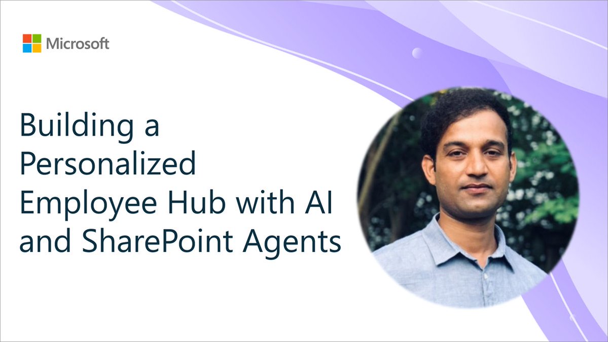 SharePoint's tweet image. 💡 Build a smart employee hub with #SharePoint and #AI
Saurabh Tripathi combines #SPFx, Azure OpenAI, and SharePoint Agents for a guided UX, form search, and personalized dashboards—improving productivity across the org
📺 → msft.it/6014SUnDu