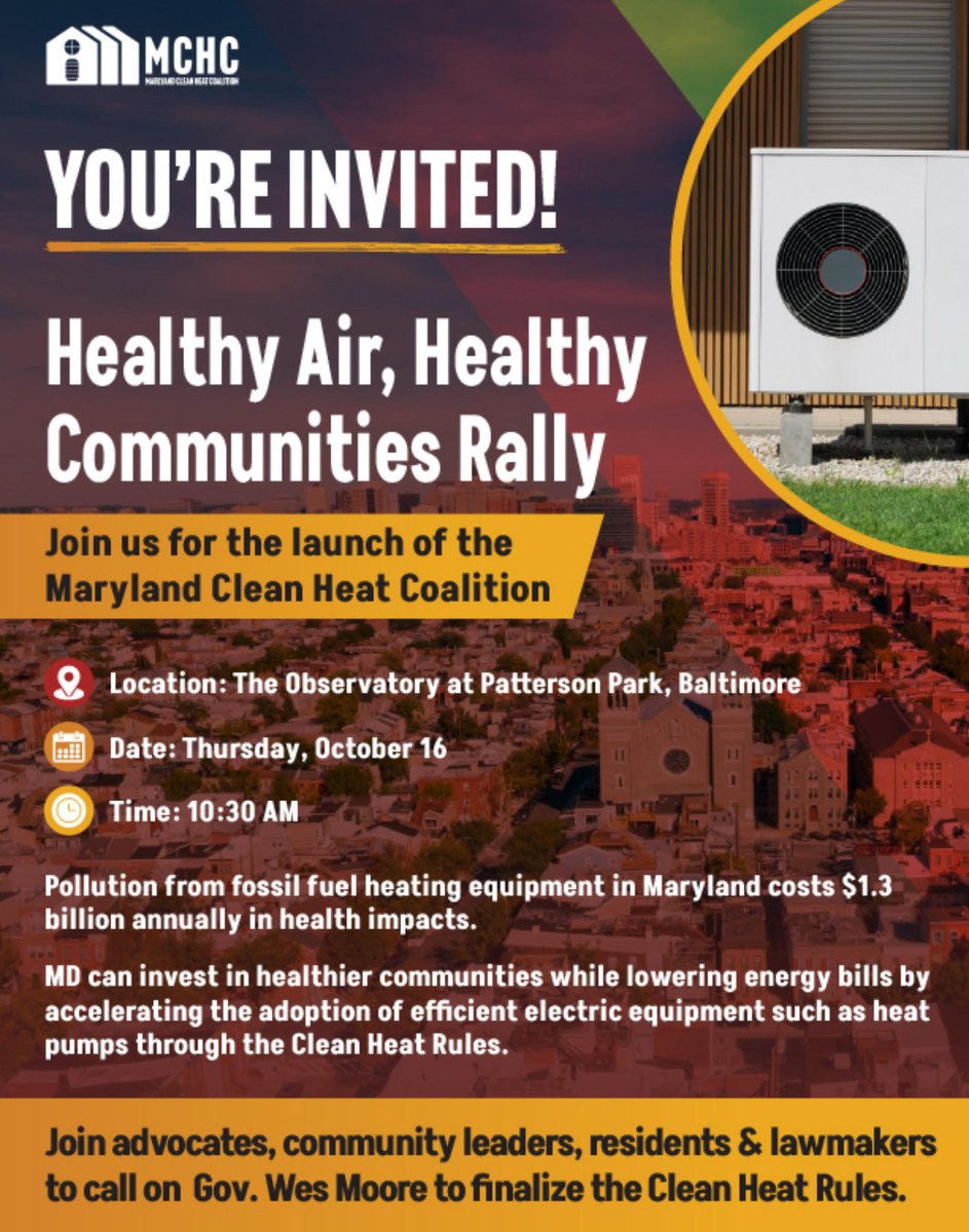 Green & Healthy Homes Initiative (@healthyhousing) on Twitter photo Join us today at 10:30 AM at The Observatory in Patterson Park for the launch of the Maryland Clean Heat Coalition!
Our President & CEO, <a href="/RuthAnnNorton/">Ruth Ann Norton</a> , will open the event with a call to action to protect Maryland families from the growing health and financial costs of fossil Join us today at 10:30 AM at The Observatory in Patterson Park for the launch of the Maryland Clean Heat Coalition!
Our President & CEO, <a href="/RuthAnnNorton/">Ruth Ann Norton</a> , will open the event with a call to action to protect Maryland families from the growing health and financial costs of fossil