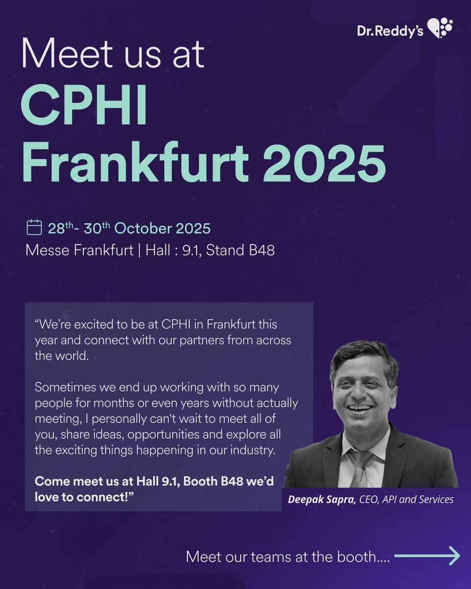drreddys's tweet photo. See you at CPHI Frankfurt 2025!
#CPHI2025 #GoodHealthCantWait #WeAreDrReddys https://t.co/WzAy0RfrkY