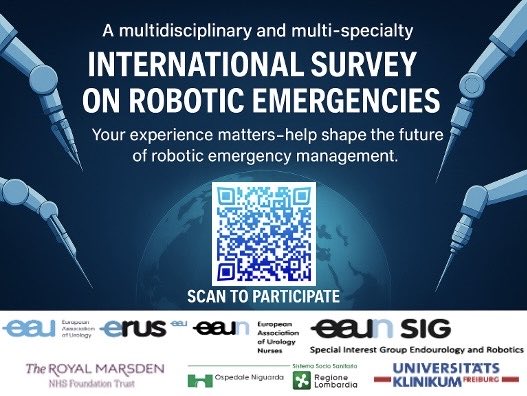 🤖Robotic Surgery 
🚨How prepared is your team for a robotic emergency?
🌍 Join our international survey &amp; share your experience.
📝link to survey: zks-redcap.uniklinik-freiburg.de/surveys/?s=M8M… 

#RoboticSurgery #EmergencyPreparedness #PatientSafety 
<a href="/SeccoSilvia/">Silvia Secco</a> <a href="/WalterCazzaniga/">Walter Cazzaniga</a> <a href="/Uroweb/">European Association of Urology (EAU)</a> <a href="/EAUNurses/">European Association of Urology Nurses (EAUN)</a>