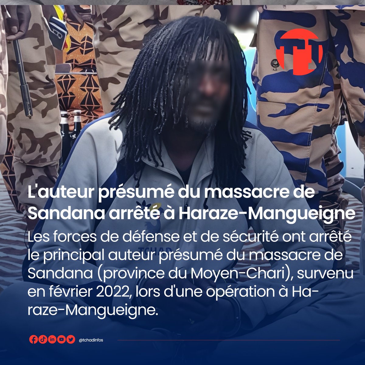 tchadinfos's tweet photo. Le présumé auteur de la tragédie de #Sandana a été capturé par les forces de défense tchadiennes dans le département de Haraze-Mangueigne. L’individu était en fuite depuis le 9 février 2022, date du massacre qui avait coûté la vie à plusieurs personnes dans la région du Moyen-Chari. Présenté à la presse ce jeudi 16 octobre 2025, il a été appréhendé alors qu’il était lourdement armé. Les autorités ont salué l’engagement des forces de sécurité pour cette arrestation. #Tchad 🇹🇩 

Source : #ONAMA