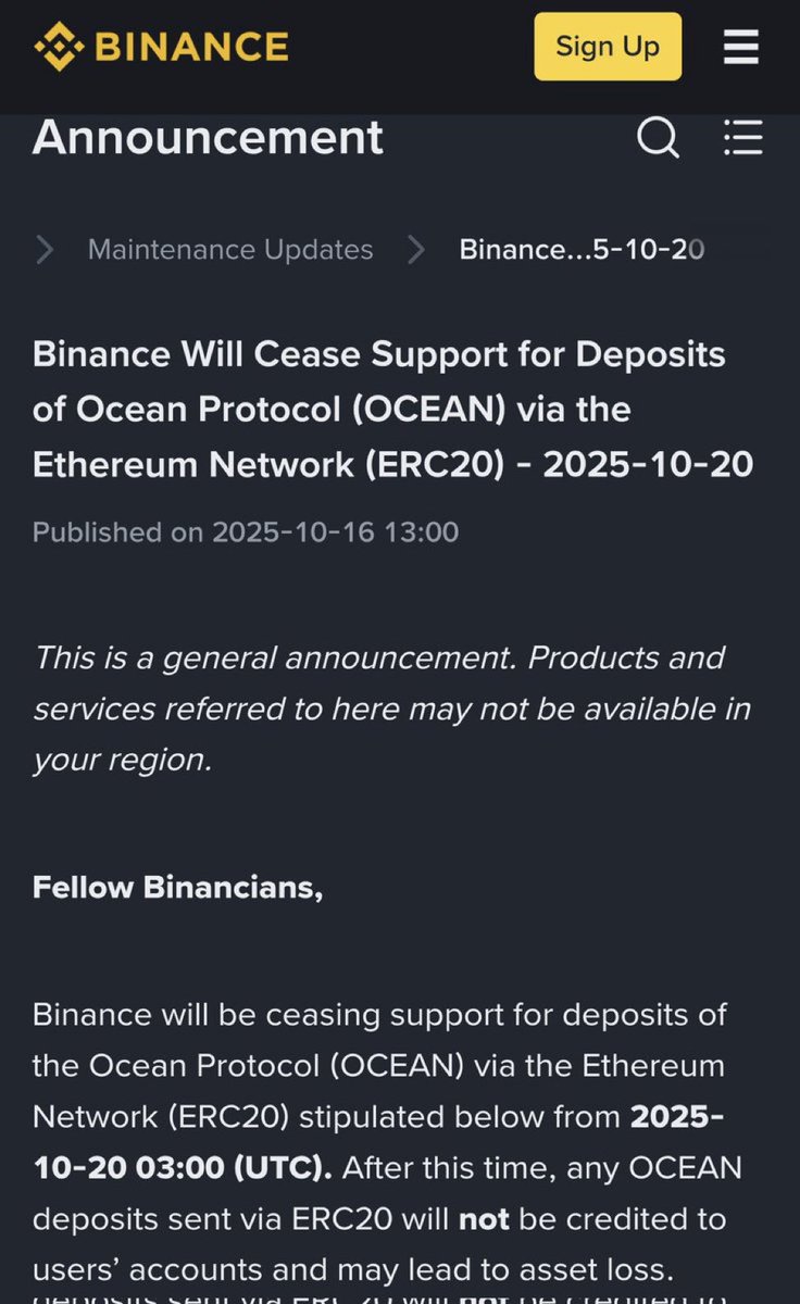 syusyubrand's tweet image. 速報：バイナンスは2025年10月20日をもってOcean Protocol（OCEAN）のすべての入金を正式に停止します。
#OceanProtocol  #FetchAI