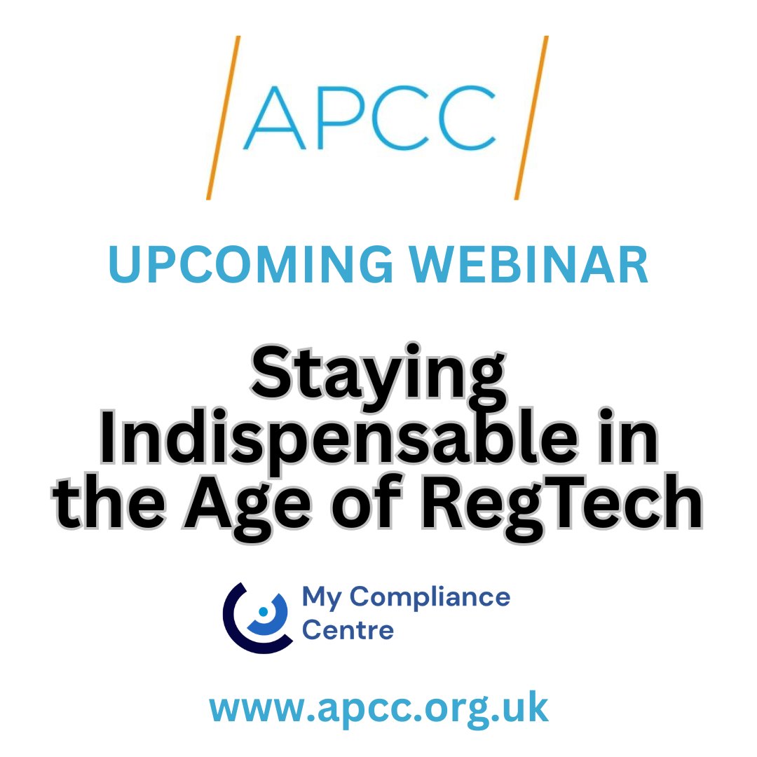 TheAPCC's tweet image. UPCOMING WEBINAR
This webinar will cover how RegTech can help compliance consultants be more efficient, provide more insight, deliver faster and more visible outcomes, and remain competitive.
Register here bit.ly/APCC-My-Compli…