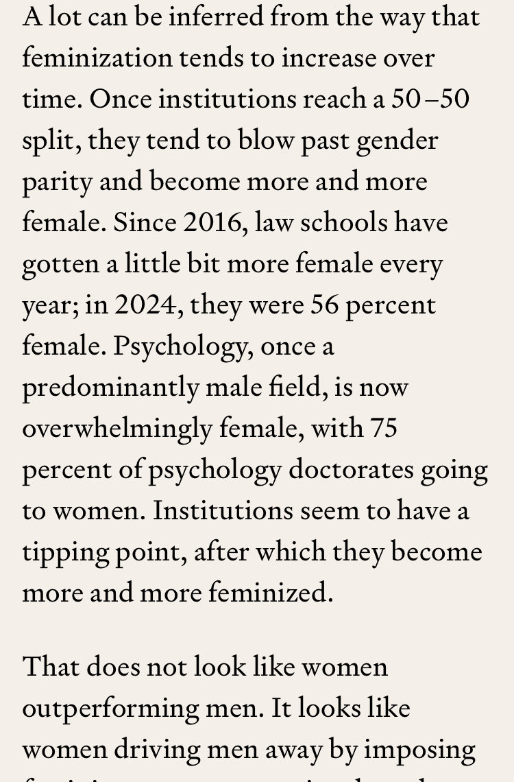 A lot of people are promoting this article - for good reason. It’s compelling. This is a point worth emphasizing. On their way up, women complained men held them back. When they become ascendant, they appear to do the same thing to men in institutions: