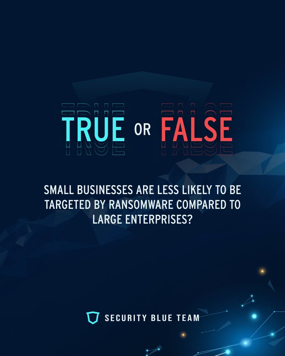 True or False?

Small businesses are less likely to be targeted by ransomware compared to large enterprises.

A) True
B) False
C) Unsure

Let us know in the comments!

The answer will be revealed in the comments in a couple days!

#TrueOrFalse #Ransomware #Cybersecurity