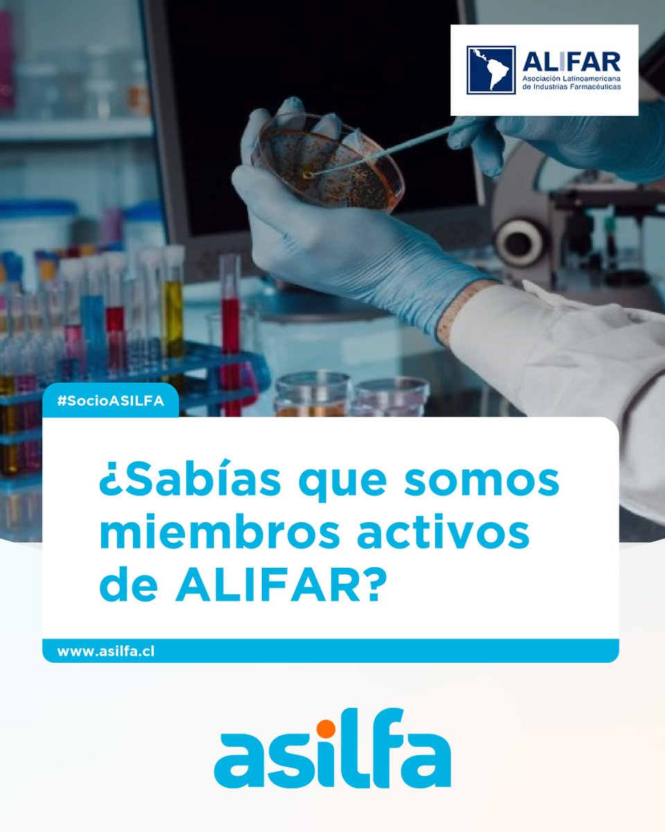 Nuestro #gremio de #laboratorios está conectado a 400 #empresas en 14 países latinoamericanos vía #ALIFAR, asociación representante del 90% del mercado #farmacéutico regional.

¡Conoce más en asilfa.cl!