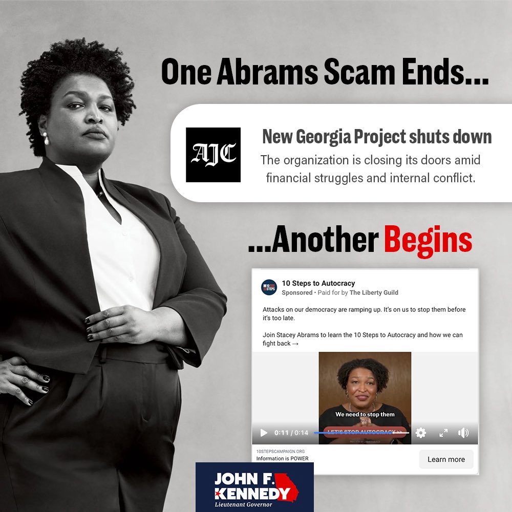 johnfkennedyga's tweet image. Today the AJC reports that Stacey Abrams’ organization New Georgia Project is shutting down. While it’s good that this massive scam of an organization is done for, Abrams has already started her newest scam and she’s now live with ads saying President Trump has ushered in an…