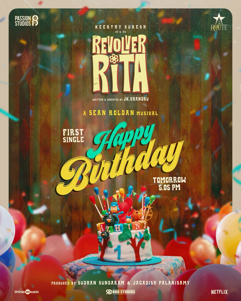 PrakashMahadev's tweet photo. #RevolverRitaFirstSingle “Happy Birthday” at 5:05 PM tomorrow 💥
#HappyBirthdayKeerthySuresh
🎤: @Arivubeing @RSeanRoldan
🎵: @RSeanRoldan
📝: @Lyricist_Mohan
@KeerthyOfficial @Jagadishbliss @Sudhans2017 @realradikaa @dirchandru @PassionStudios_ @TheRoute https://t.co/FbePc65y6E