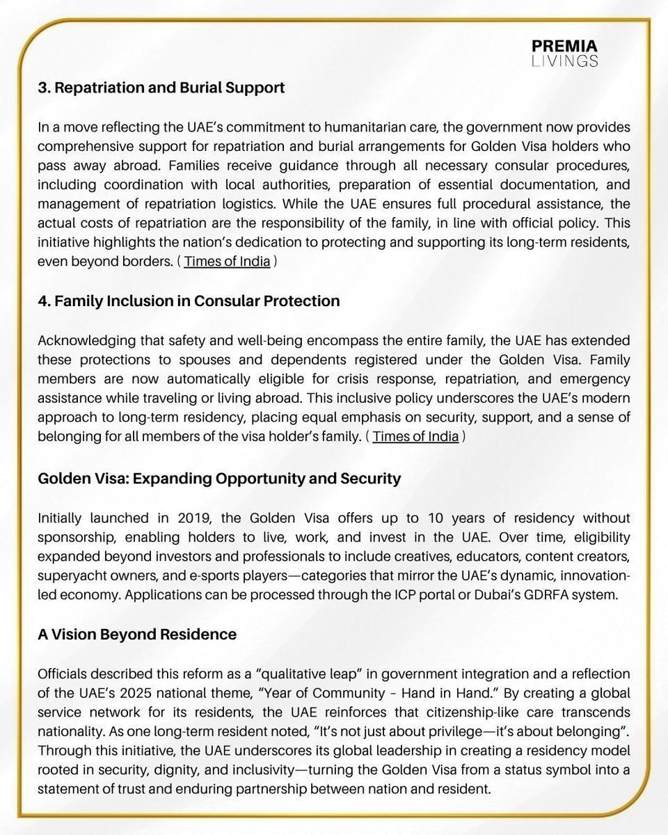 PremiaLivings's tweet image. Golden Visa just got even MORE golden! ✨

New ruling grants Golden Visa holders full global consular coverage! Official support, everywhere you go.

#Goldenvisa #Dubai #consularservice #DubaiRealEstate