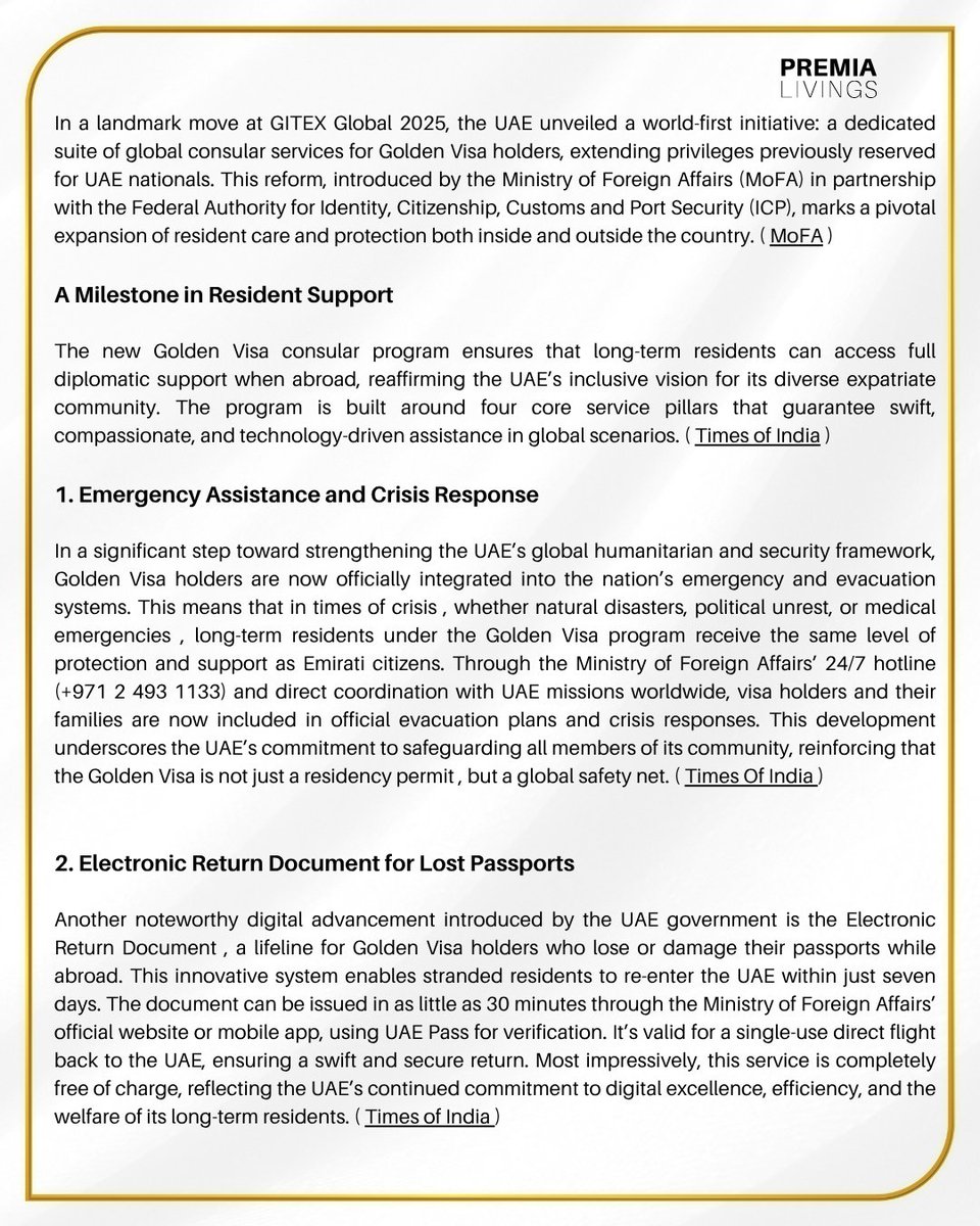 PremiaLivings's tweet image. Golden Visa just got even MORE golden! ✨

New ruling grants Golden Visa holders full global consular coverage! Official support, everywhere you go.

#Goldenvisa #Dubai #consularservice #DubaiRealEstate