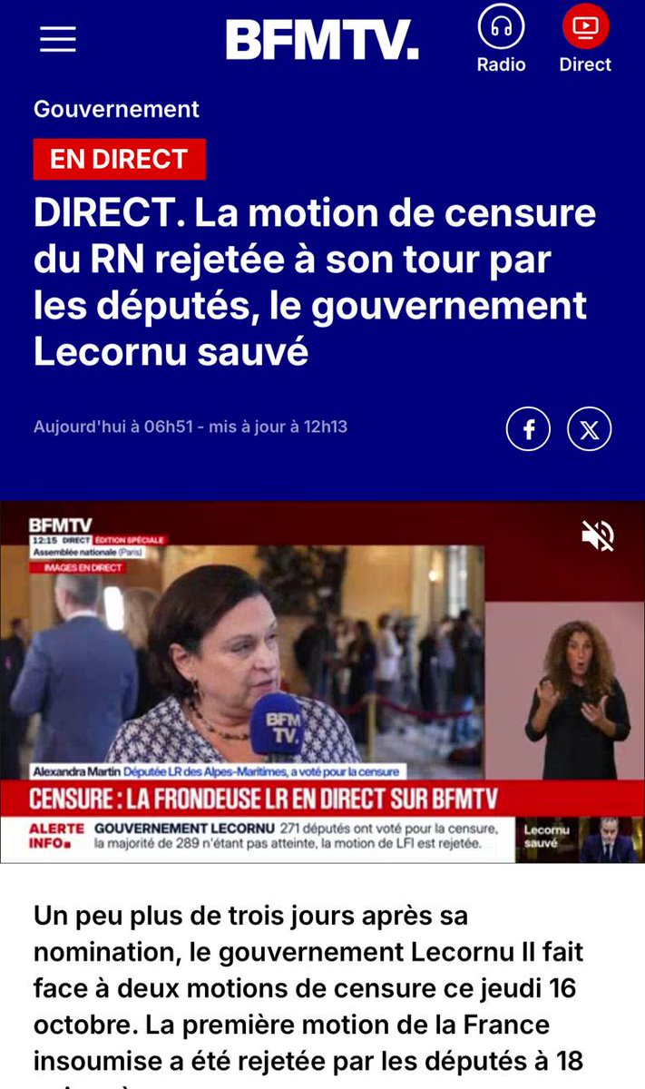 nexta_tv's tweet photo. French Prime Minister Sébastien Lecornu survives two no-confidence votes in a row

Reappointed French Prime Minister Sébastien Lecornu has remained in power after two no-confidence votes in the National Assembly, France24 reports.

The first motion, introduced by left-wing parties, was supported by 271 deputies, short of the 289 needed to bring down the government. The second, tabled by Marine Le Pen’s far-right National Rally, received just 144 votes.

Lecornu’s decision to suspend the unpopular pension reform helped him secure partial support from the Socialists — and avoid resignation.