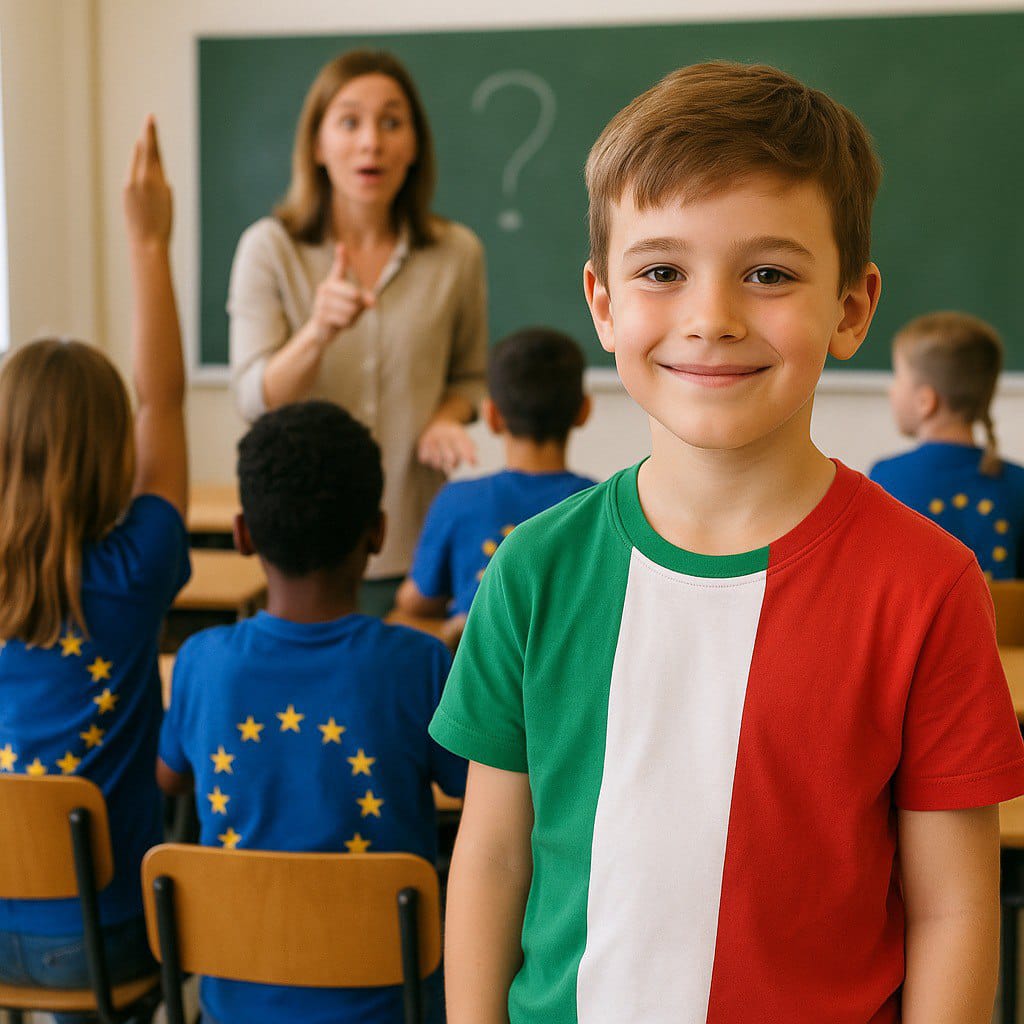 🚨 L'angolo dell'umorismo 😁👇🏾

👎🏽🇪🇺 ➡️ 👍🏼🇮🇹 L'insegnante entra in classe e dice:
"Io sono europea! E voi cosa siete?"
Tutti rispondono: "Europei!"
Solo Pierino dice: "Io sono italiano!"
Allora l'insegnante gli chiede:
"Pierino, qui siamo tutti europei, solo tu sei italiano?
Cosa