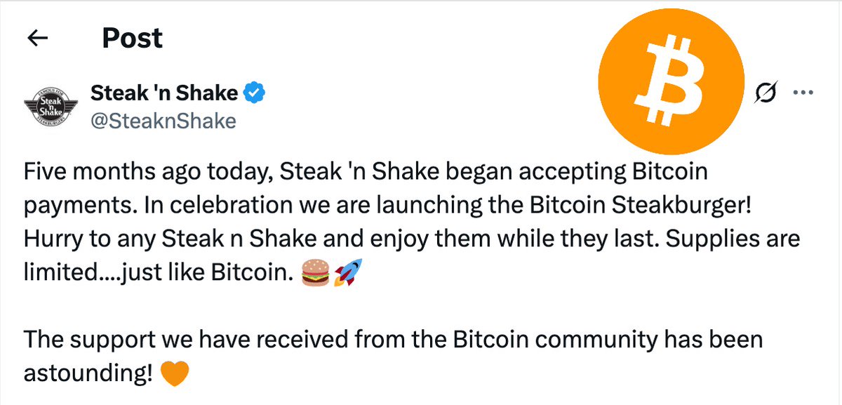delphitrade's tweet image. JUST IN: Fast food chain Steak 'n Shake has launched a limited-edition "#Bitcoin Steakburger."