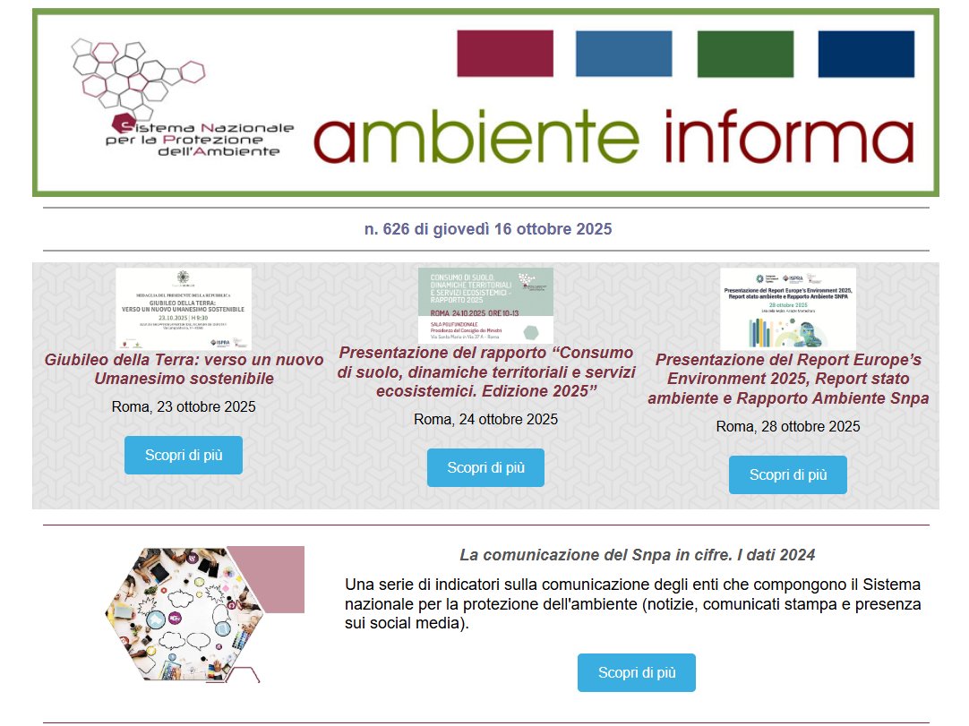 📌Nel nuovo numero di #AmbienteInforma, la newsletter di Snpa parliamo di:
🟠eventi Snpa a #Roma dal 23 al 28 ottobre
🔵qualità del fiume Bormida con <a href="/ARPALiguria/">ARPAL</a> e <a href="/ArpaPiemonte/">Arpa Piemonte</a> 
🟢opportunità di lavoro in <a href="/ArpaMarche/">ARPA Marche</a> e <a href="/ArpaER/">Arpae Emilia-Romagna</a> 
e tanto altro ancora
a3g2i4.emailsp.com/frontend/nl_pr…