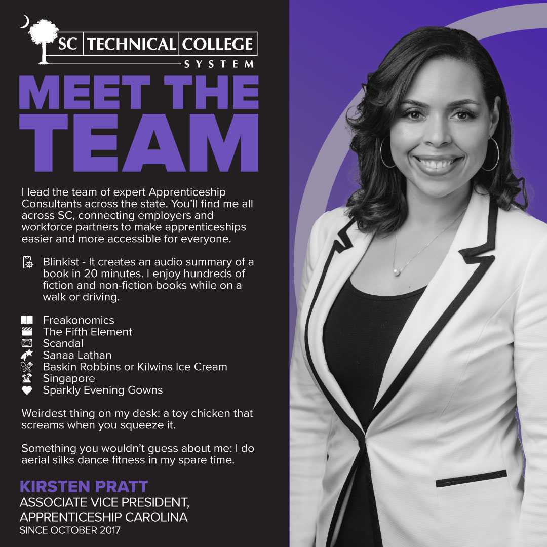 SCTechSystem's tweet image. It’s our people who set us apart. Meet the talented team ensuring affordable, accessible, and relevant career and technical education for all South Carolinians!

Presenting Apprenticeship Carolina Associate Vice President, Kirsten Pratt.

#MeetTheTeam
