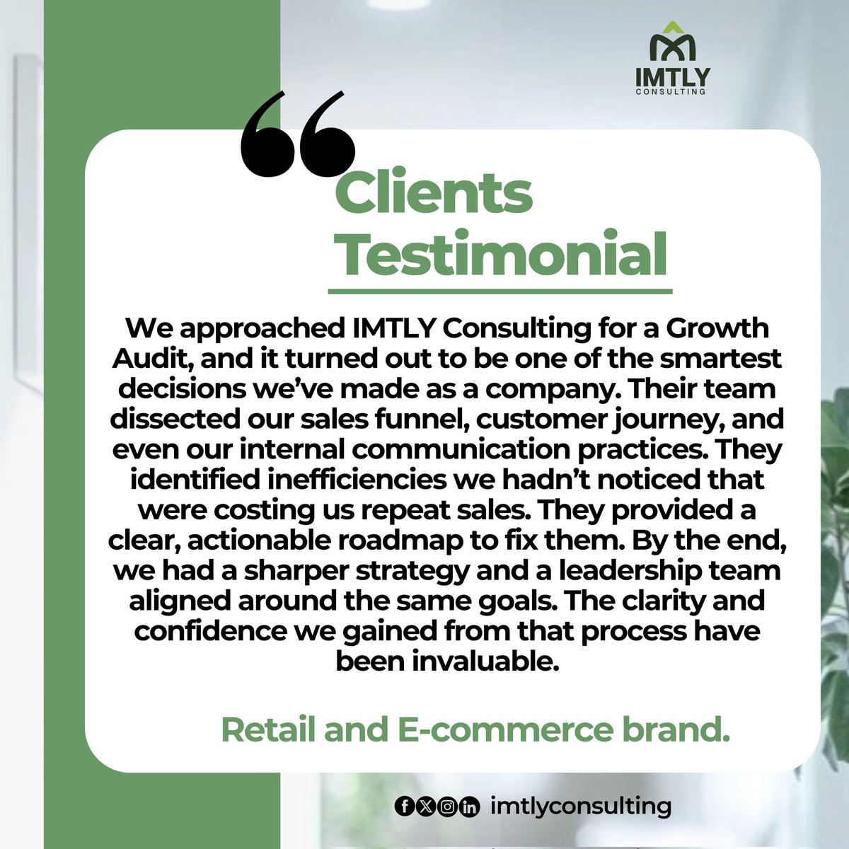 imtly_llc's tweet image. Sometimes the problem isn’t performance, it’s perspective.
Our Growth Audit gives businesses a clear, data-driven view of what’s working, what’s not, and how to scale smarter.

#IMTLY #IMTLYConsulting #BusinessGrowth #OperationalExcellence #businessconsultancy