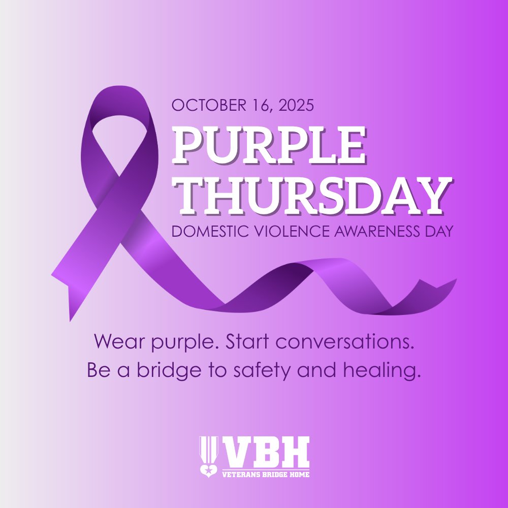 Veterans Bridge Home (@vetbridgehome) on Twitter photo 💜 Today is Purple Thursday — Domestic Violence Awareness Day
At Veterans Bridge Home, we stand in solidarity with survivors and shine a light on the impact domestic violence can have on veterans and servicemembers.
Many who’ve served carry invisible wounds, and for some, the 💜 Today is Purple Thursday — Domestic Violence Awareness Day
At Veterans Bridge Home, we stand in solidarity with survivors and shine a light on the impact domestic violence can have on veterans and servicemembers.
Many who’ve served carry invisible wounds, and for some, the