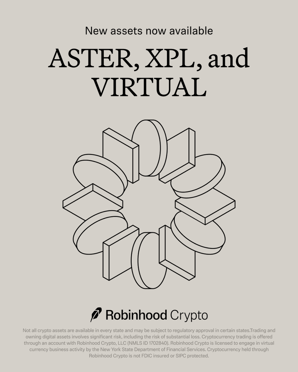 RobinhoodApp's tweet image. $ASTER, $XPL, and $VIRTUAL are now available to trade on Robinhood.