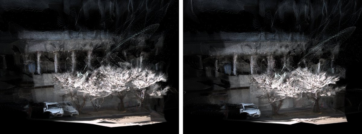 VGGTが出力した点群のマッチングができた。
VGGTの出力にはスケール変換やアフィン変換が含まれるため、SE(3)やSim(3)の空間ではうまくいきませんでした。
より一般的な線形変換の空間で最適化するとマッチングできる感じでした。