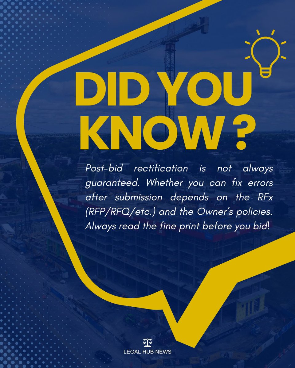 Did you know?💭

Post-bid rectification is not always guaranteed. Whether you can fix errors after submission depends on the RFx (RFP/RFQ/etc.) and the Owner’s policies. Always read the fine print before you bid! 

Learn more here: na3.hubs.ly/y08cl40