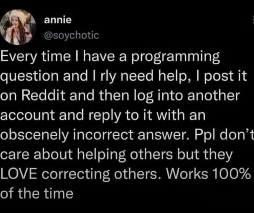 PR0GRAMMERHUM0R's tweet image. reversePsychologyDebugging redd.it/1o83vor