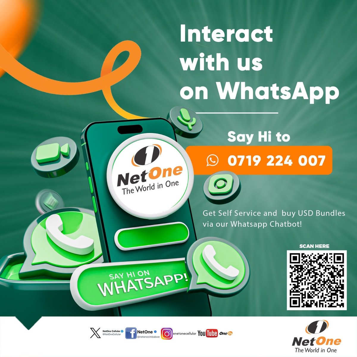 NetOneCellular's tweet photo. Have you tried the NetOne WhatsApp Chatbot yet? 💬📲
Save 0719 224 007, send “Hi”, or scan the QR code on the flyer to enjoy effortless service on the go!

✅ Recharge airtime
✅ Buy bundles.
✅ Access all your NetOne services with ease

#NetOneZim #AlwaysConnected https://t.co/2x6DQWe7FN