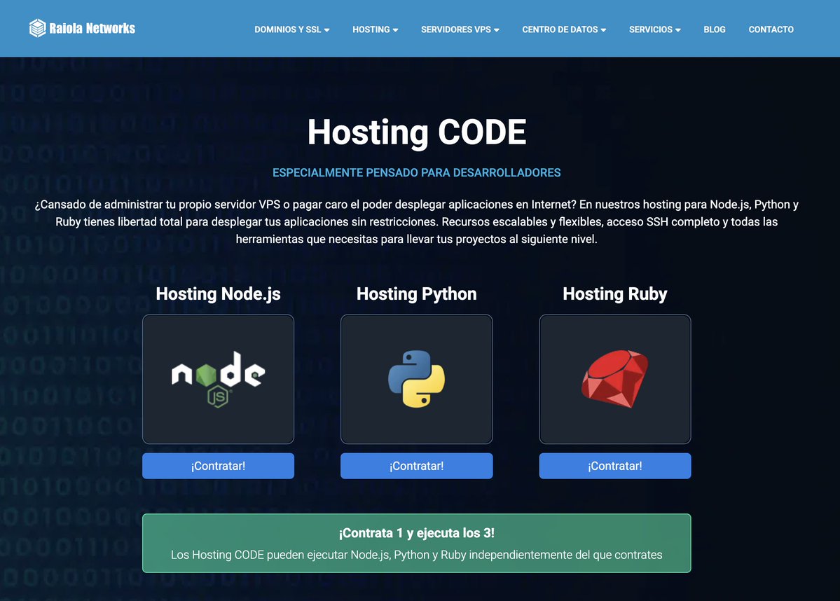 MoureDev's tweet image. Publi. Desde @RaiolaNetworks acaban de lanzar su hosting CODE para Node, Python y Ruby.
→ 3 en 1 (npm, pip y RubyGems en un mismo hosting)
→ Servidores de alto rendimiento
→ Sin límite de bandwidth
→ Integración con Git
mouredev.link/raiolacode