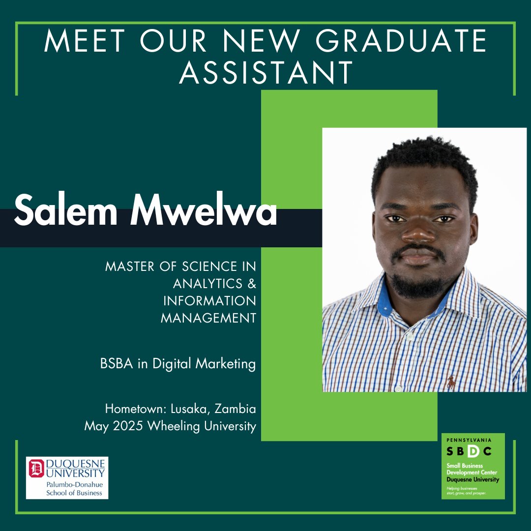 Welcome Salem Mwelwa. He is pursuing his Master's of Science in Analytics &amp; Information Management degree and will be contributing to the consulting of our small business clients

Read about our staff - sbdc.duq.edu/staff

#dusbdc #pasbdc #smallbusinesssupport #duqbiz
