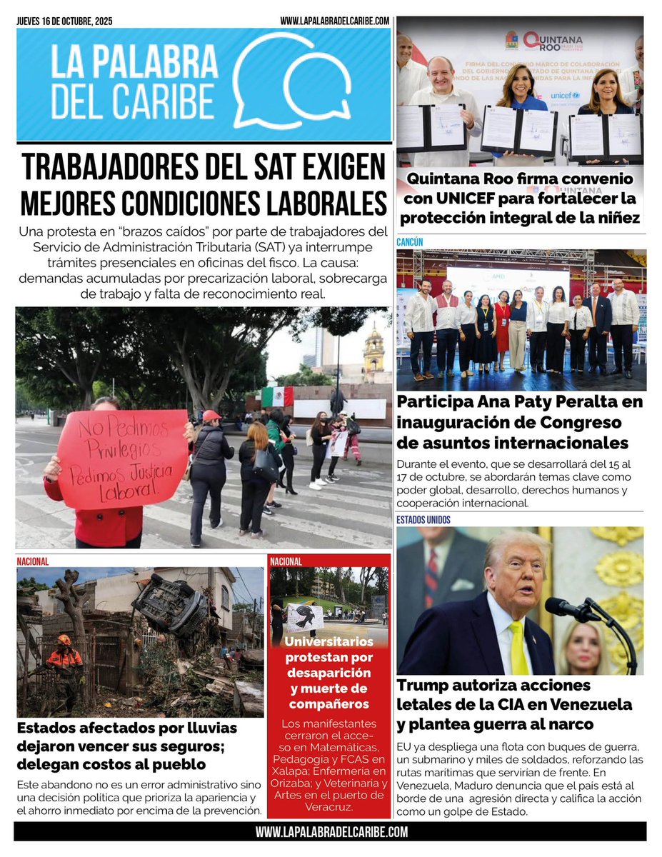 Paraliza huelga del SAT trámites administrativos: trabajadores en “brazos caídos” exigen mejores condiciones laborales - bit.ly/4hdLOQd

Estados de Veracruz, Hidalgo, San Luis Potosí, Querétaro y Puebla dejan vencer sus seguros catastróficos;  bit.ly/47op5xv
