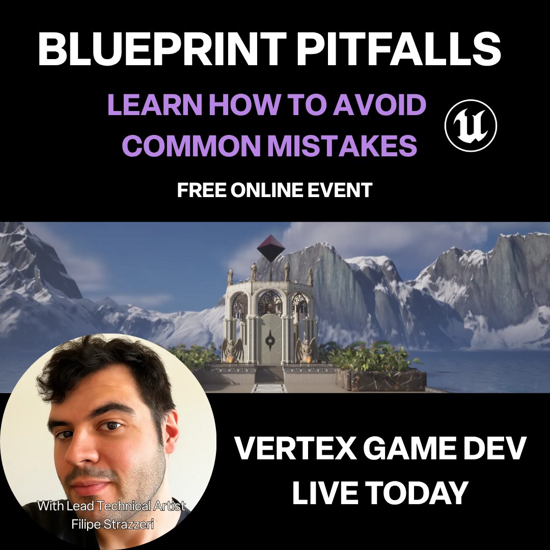 VertexSchool's tweet image. 🚨 Happening TODAY! 🚨
Vertex Game Dev Live with Filipe Strazzeri — Blueprint Pitfalls!
🗓️ Oct 16, 2025 | 10 AM PT
Save your seat ➡️ vertexschool.com/vertex-game-de…!
#gamedev #gamedevelopment #unrealengine #c++ #blueprints #ue5 #vertexschool