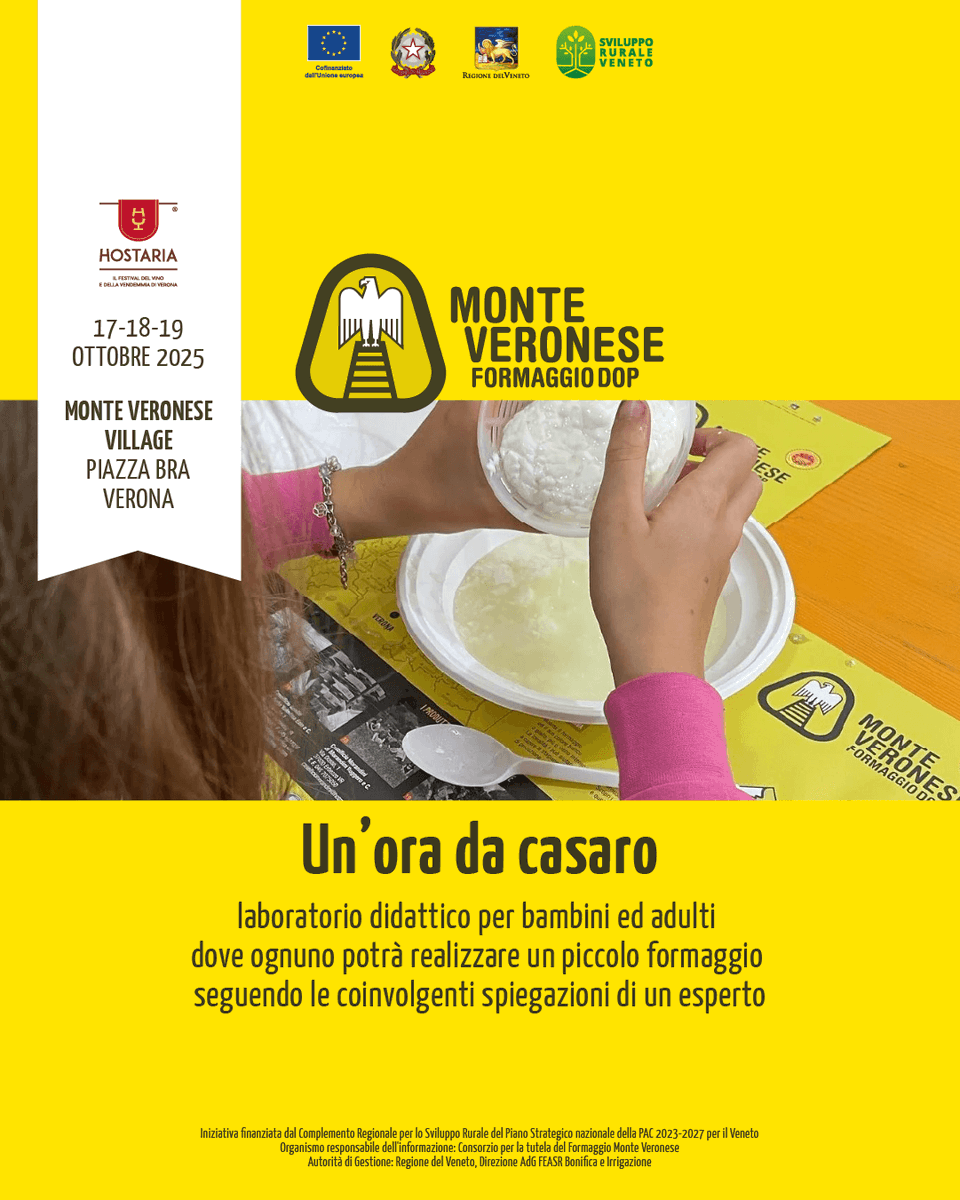 Diventa casaro per un giorno ad Hostaria 2025! Partecipa al laboratorio gratuito per tutta la famiglia "Un'ora da casaro" firmato <a href="/Monte_Veronese/">Monte Veronese DOP</a> DOP.
📅Sabato 18 e Domenica 19 ottobre
📍Piazza Bra (VR) Monte Veronese Village
Evento su prenotazione👉 monteveronesedopeventi.it