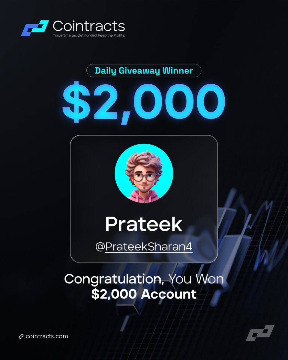 Daily Giveaway Winner!

Congrats to <a href="/PrateekSharan4/">ItsPrateek (🌽,🌾)</a> 
 
You’ve won today’s $2K Cointracts Challenge Account 

Stay active daily on X, Telegram, Discord &amp; Instagram tomorrow it could be YOU!