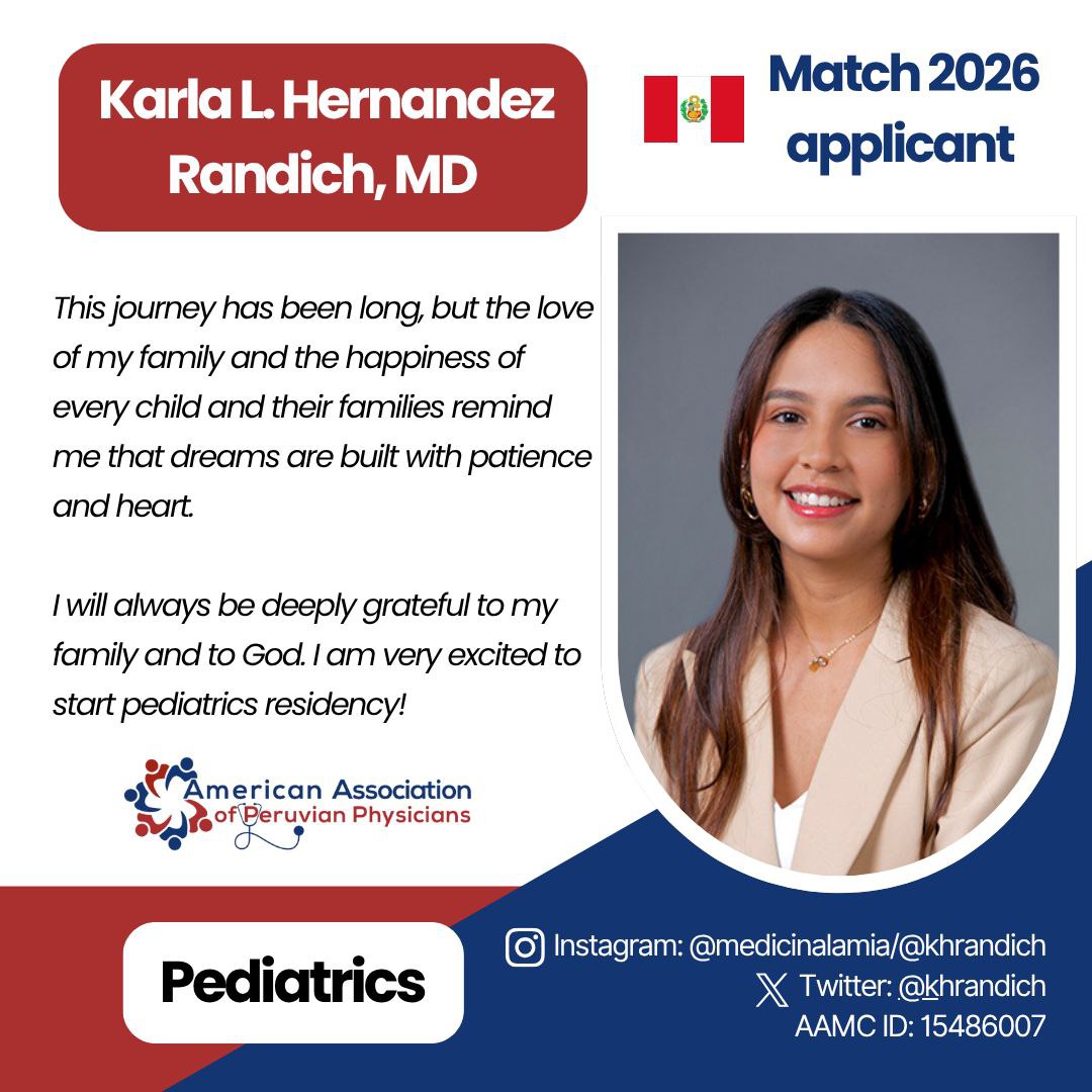 📣Meet our #match2026 applicants! 

We are proud to introduce Dr. Karla Hernandez Randich, a dedicated Peruvian IMG 🇵🇪 applying to Pediatrics. 

As an active member of our AAPP community and part of our Social Media team🥳, we wish the very best in this exciting journey.