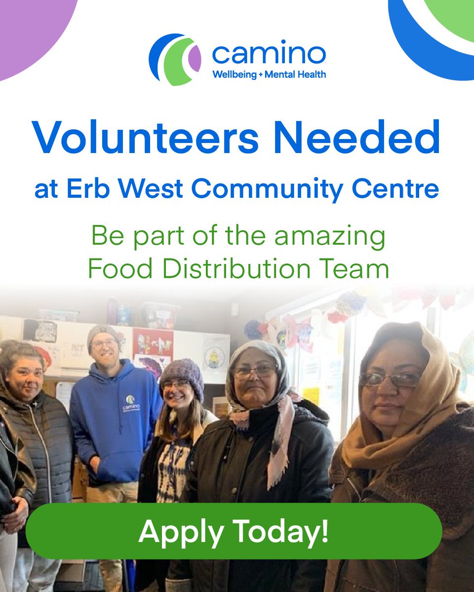 As a volunteer with this amazing team, you'll help unload the truck and set up as we ensure the food is ready to meet the immediate need of families each week.

📍 Location: Erb West Community Centre
🕒 Time: Wednesdays, 9:00am-2:30pm

Apply now: caminowellbeing.ca/make-an-impact…