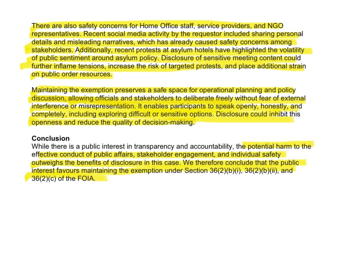 Lewis_Brackpool's tweet image. This is the most ABSURD FOI response I’ve had to date.
The Home Office has refused to release records about which NGOs and charities are influencing asylum accommodation policy, because my social media activity supposedly poses a “safety risk” and could trigger “public…