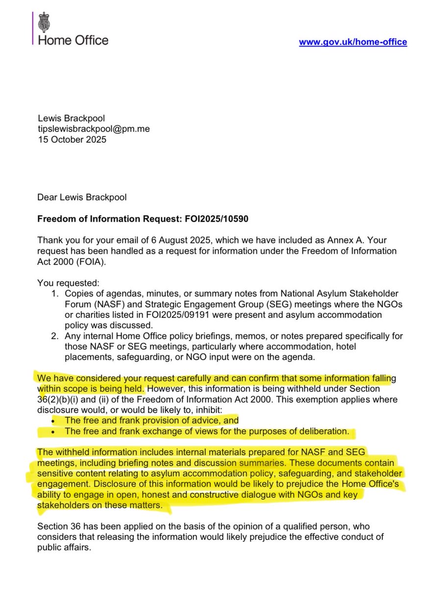 Lewis_Brackpool's tweet image. This is the most ABSURD FOI response I’ve had to date.
The Home Office has refused to release records about which NGOs and charities are influencing asylum accommodation policy, because my social media activity supposedly poses a “safety risk” and could trigger “public…