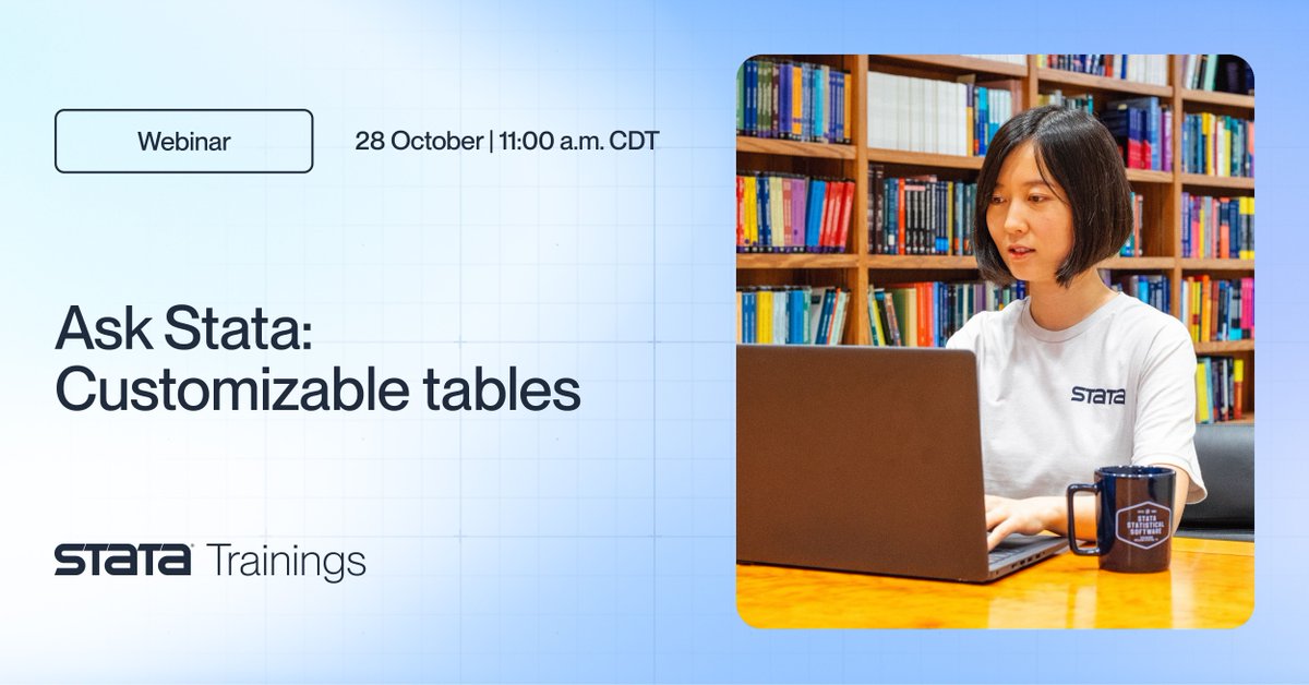 Stata's tweet image. Have questions about using Stata? Join our upcoming “Ask Stata” live Q&A webinar series.
▪️Live demos of commonly asked questions
▪️Direct answers from Stata experts
▪️Free to attend
Save your spot: stata.com/training/webin…
#Stata #StataWebinar #StataCommunity