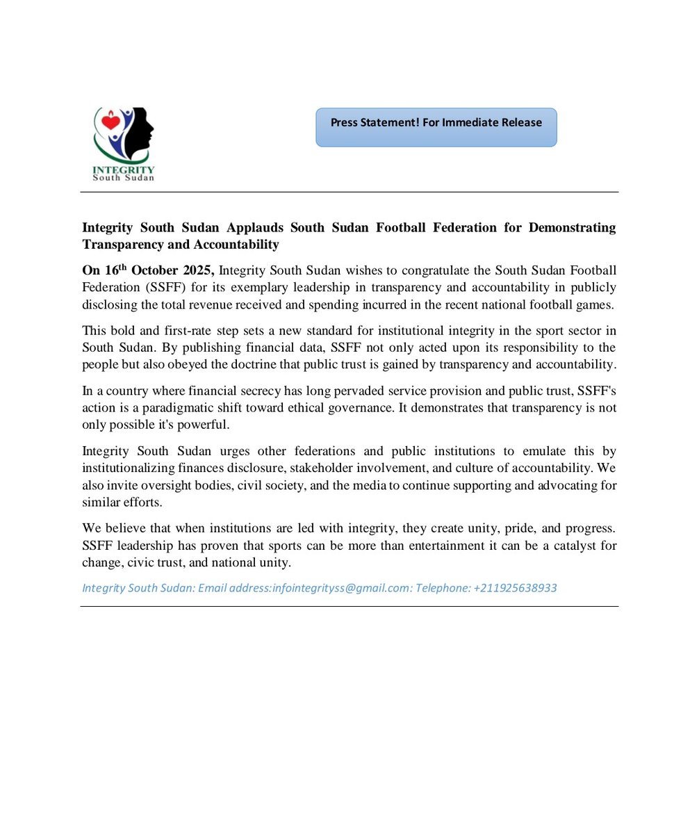 Integrity South Sudan (@integritysouth) on Twitter photo Integrity South Sudan congratulated the South Sudan Football Federation for demonstrating transparency and accountability in the recent national games.
#SSOT
<a href="/AllardPrize/">Allard Prize</a>
<a href="/EAPerspectivPod/">East African Perspective</a>
#IntegrityInSports
<a href="/USMissionJuba/">U.S. Embassy in Juba</a> Integrity South Sudan congratulated the South Sudan Football Federation for demonstrating transparency and accountability in the recent national games.
#SSOT
<a href="/AllardPrize/">Allard Prize</a>
<a href="/EAPerspectivPod/">East African Perspective</a>
#IntegrityInSports
<a href="/USMissionJuba/">U.S. Embassy in Juba</a>