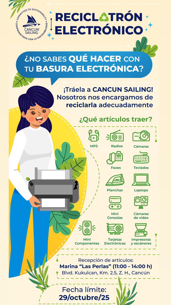 ♻️ Cancun Sailing impulsa el Reciclatrón Electrónico 🌎
Lleva tus aparatos en desuso a Marina Las Perlas antes del 29 de octubre y ayuda al planeta 💪🌿
#Reciclatrón #CancunSailing #Sostenibilidad #CancúnVerde
