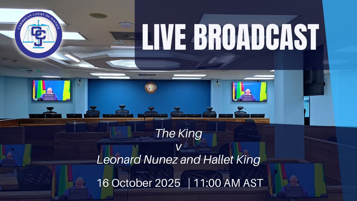 Today, 16 October 2025 at 11:00 a.m. AST, the #CCJ will hear an appeal from The Crown of Belize against the judgment of The Court of Appeal's decision to overturn manslaughter convictions from a 2019 jury trial. View the live stream here: loom.ly/iKGhAKU.