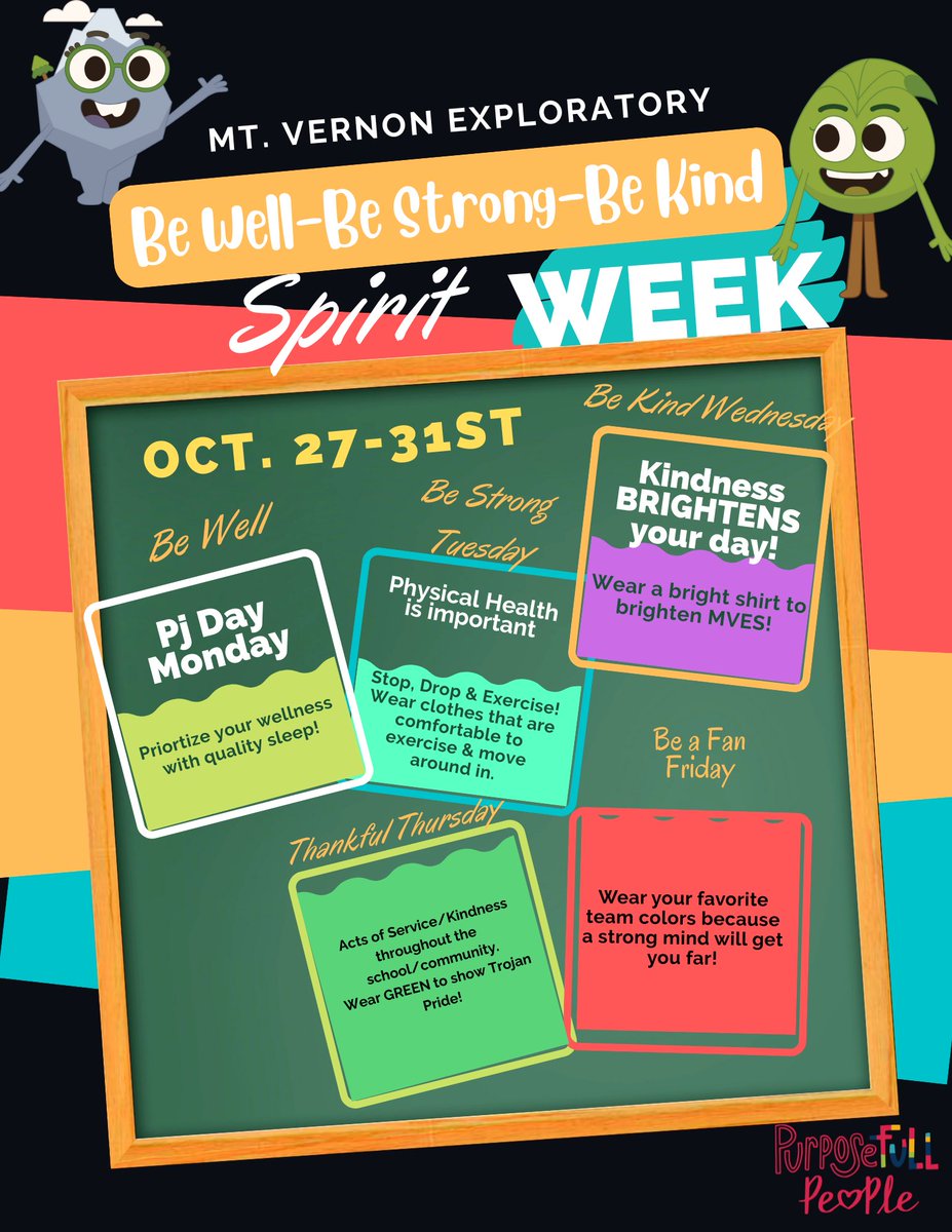 Spirit Week is October 27th-31st! Be Well, Be Strong, Be Kind! 💚😊🙌 <a href="/Hall_Schools/">Hall County Schools</a> <a href="/mrsnixcounsels/">Bethany Nix</a> #PurposefullPeople
