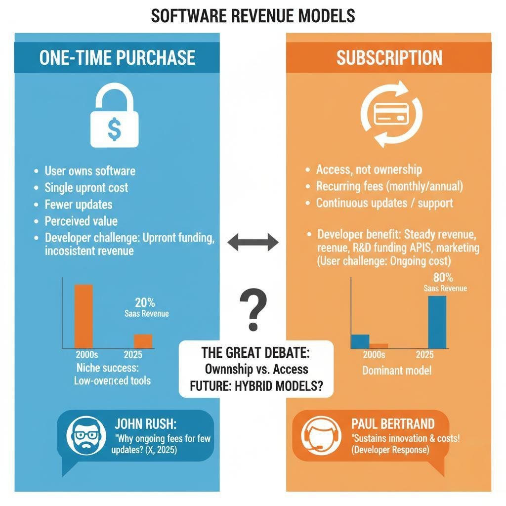 Software: Own it once or pay forever? The Great Debate

<a href="/johnrushx/">John Rush</a> sparked a discussion on why some apps require ongoing subscription fees for minimal updates, while developers like <a href="/pbertrand_dev/">Paul Bertrand</a> emphasized that subscriptions drive innovation and cover rising costs