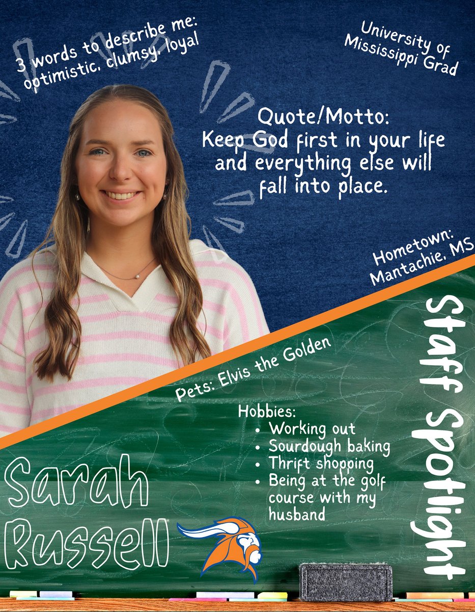 🔵🟠STAFF SPOTLIGHT🟠🔵
Mrs. Sarah Russell is our Biology 1 teacher, and we are so thankful to have her!

Activities: I am a member of my local church, where I teach Sunday School and am the church treasurer.

Random Likes: Favorite show is Grey's Anatomy